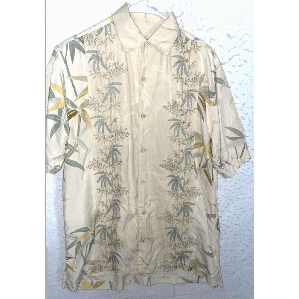 Tommy Bahama Mens S Beige Short Sleeve shirt Floral Embroidered 100% Silk Palm